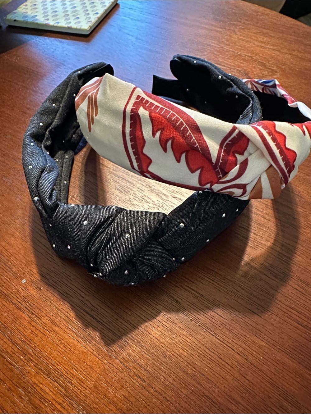 Knotted Black Rhinestone and Cream Red Pattern Headbands